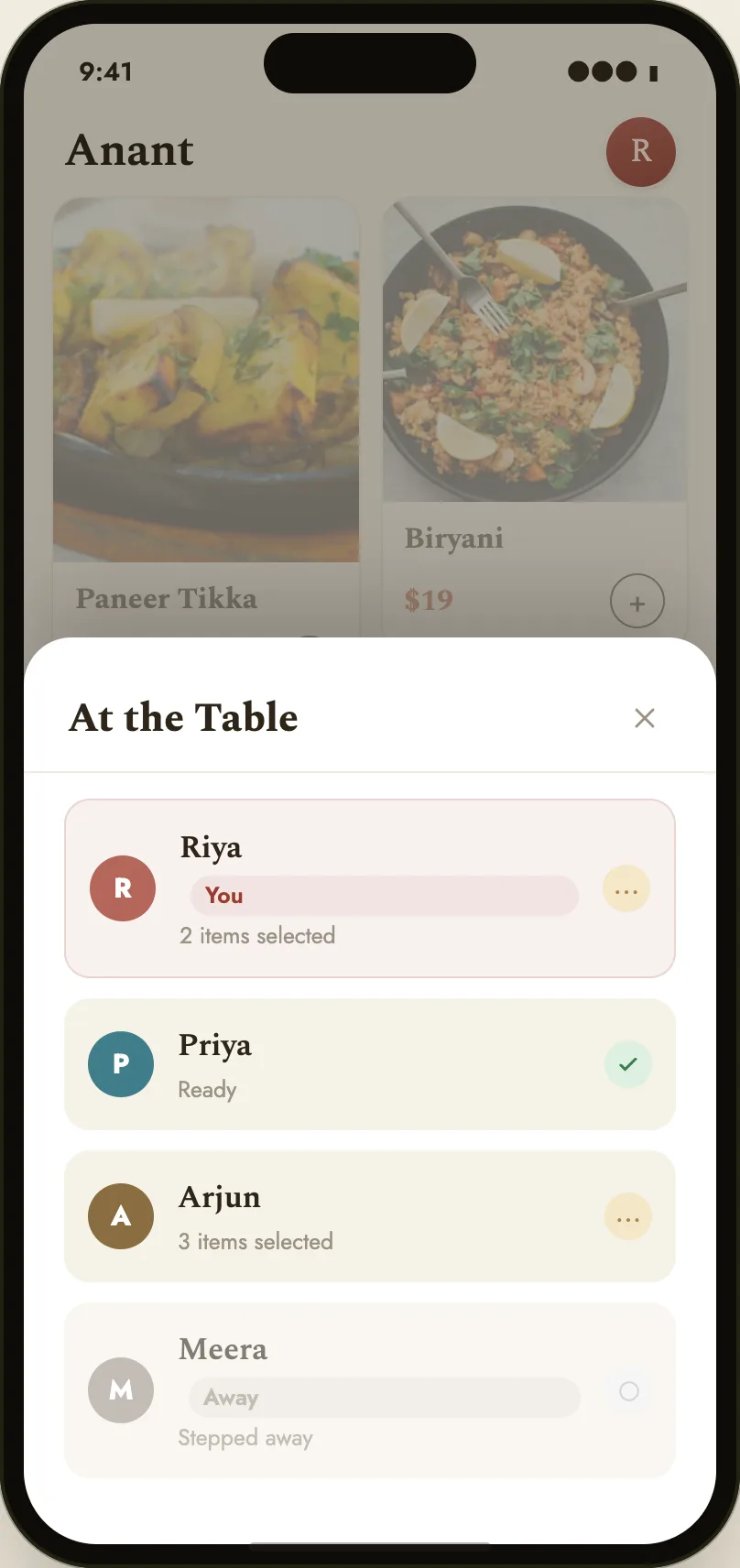 QRate on a guest's phone, showing an “At the Table” list of four named guests in one shared dining session, each with their own order status.